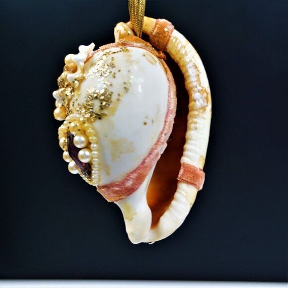 Vintage Christmas Ornament Seashell Beaded Mica Ribbon UNIQUE - Picture 2 of 11